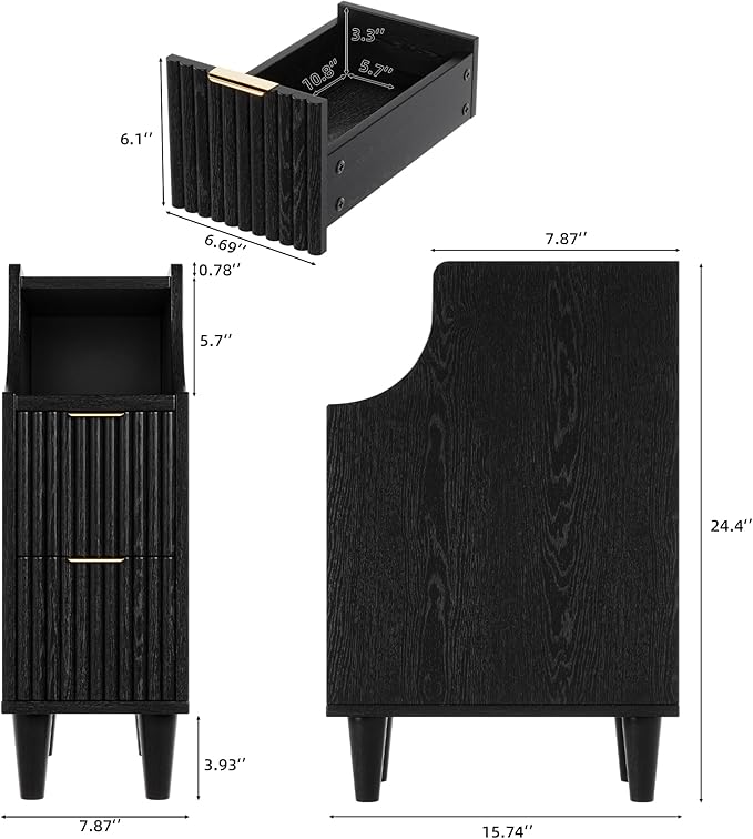 Fluted Nightstands Set of 2,Narrow Bedside Table with 2 Drawers & Storage, Farmhouse Walnut End Table Modern Side Table for Bedroom Livingroom Sofa Office, Small Space