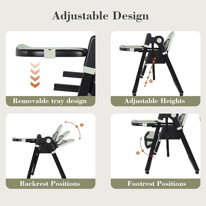 Foldable Baby High Chair with 150° Swing & Recline,Convertible High Chairs for Babies and Toddlers,5 Height Levels,3 Backrest & Footrest Positions,Removable Double Tray,Lockable Wheels (Dark Green)
