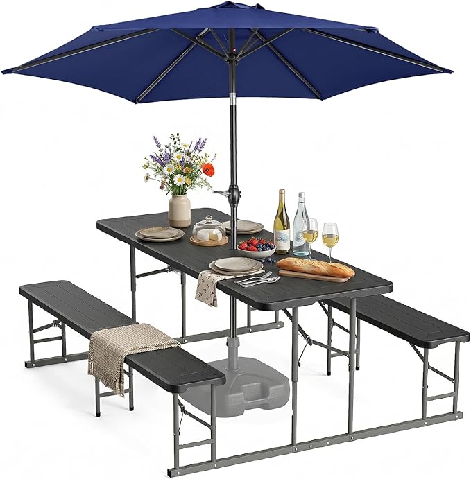 VINGLI Folding Picnic Table and Bench Set with Umbrella, Portable Outdoor Dining Furniture for Camping, Patio, Backyard, Wood Grain Plastic Top with Metal Frame with Dark Blue Umbrella