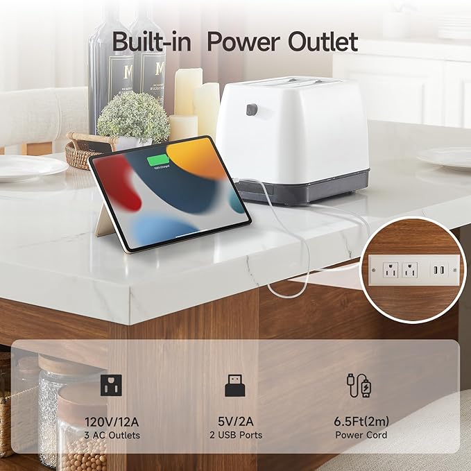 ONBRILL 61 x 31 Inch Whole Board of Tabletop Kitchen Island Table with Storage Space, Power Outlet & LED Lights, Modern Imitation Marble Large Counter Height Dining Table for 4 (White)