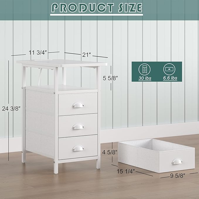 sthmec End Table with Charging Station,LED Side Tables with USB Ports and Outlets,Narrow Nightstands Bedside Tables with 3 Drawers PU Finish for Small Space,Slim Sofa Table for Livingroom,White