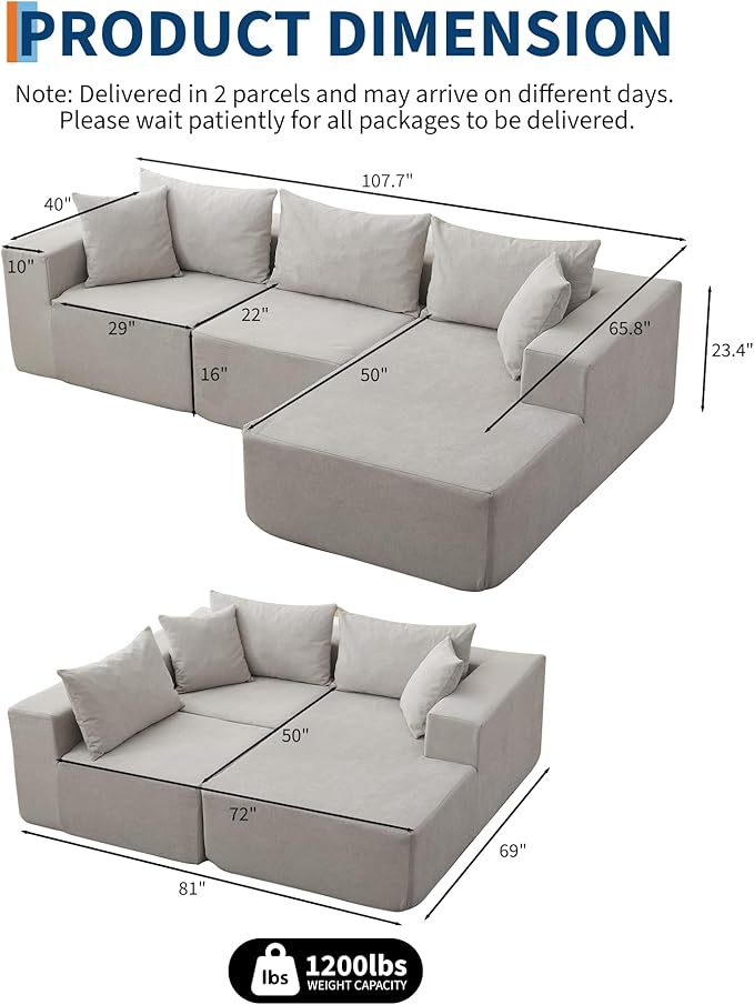 Garvee 108" Modular Sectional Sofa,Cloud Couch Sectional with Right Chaise | Fluffy Compressed l Shaped Sofa for Living Room | Boneless Couch & Sofa Bed Design,No Assembly Required, Beige