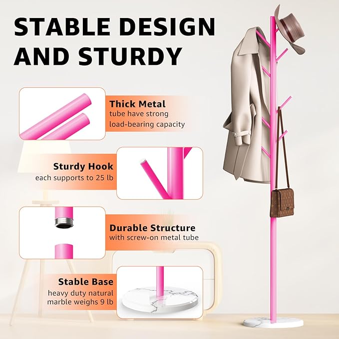 HzTinT Coat Rack with Natural Marble Base, Metal Freestanding Coat Rack with 8 Hooks, 3 Adjustable Size Sturdy Coat Tree for Bags, Coats, and Hats for Entryway, Hallway, Bedroom, Office, Pink