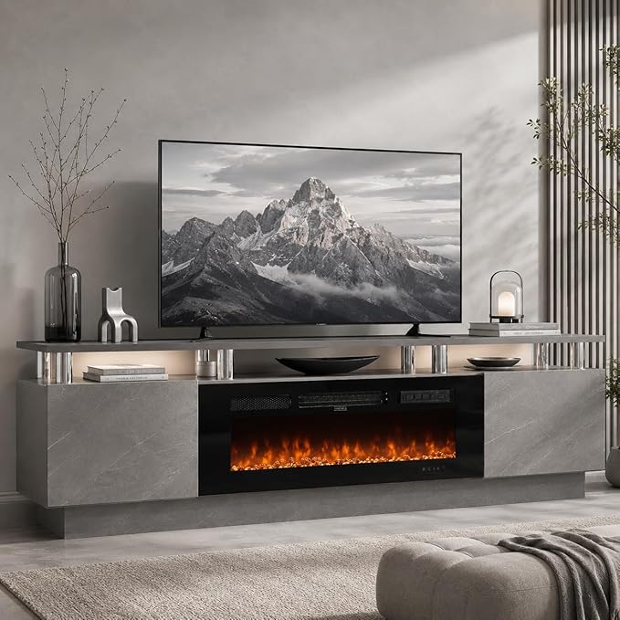 70" TV Stand for Living Room, Entertainment Center with Storage Cabinet, Fits TVs up to 80", Modern Media Console with Shelves, 36" Electric Fireplace (Grey+Black)