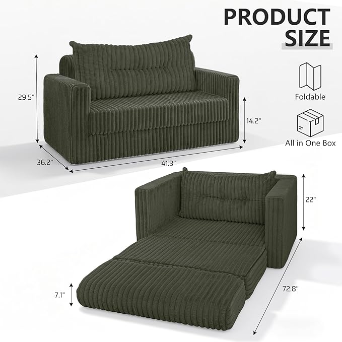 HABUTWAY 41.3" Loveseat Boneless Couch, 4-in-1 Convertible Sofa Bed, Plush Fur Folding Futon Sofa Bed Couches with a Pillow for Living Room, High-Density Foam Support, No Assembly Required, Green