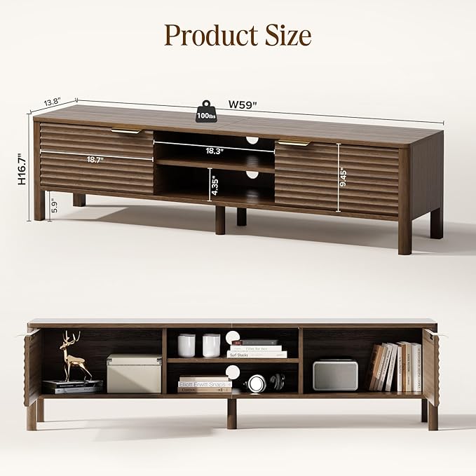 IKALIFE TV Stand for Living Room - up to 65 Inch TVs Mid Century Modern Entertainment Center with Storage and Adjustable Shelves, Media Console Table Walnut 59"