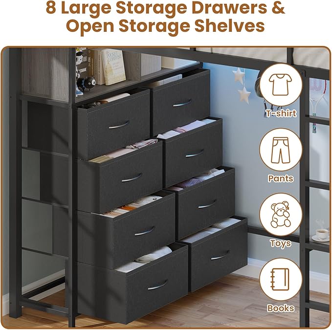BTHFST Twin Loft Bed with Desk & 8 Storage Drawers Tall Dresser, Black Metal Loft Bed with LED Lights & Charging Station, 2-Tier Storage Shelves, Stable & Sturdy, Noise Free, Space Saving, Grey