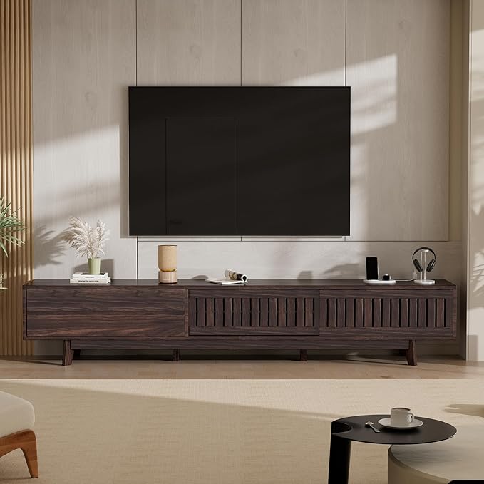 TV Stand for up to 100 Inch TVs, 94.5" Entertainment Center with Storage & Power Outlet, Mid Century Modern Media Console w Drawers and Sliding Door, Television Stand for Living Room, Walnut