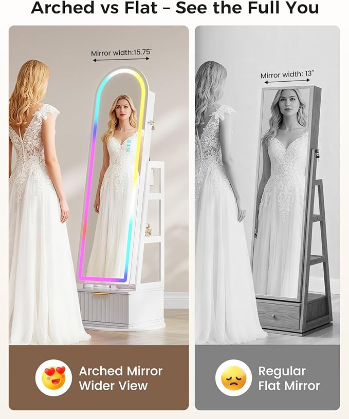 Dystler Arched Jewelry Cabinet with RGB Full-Length Mirror, 360° Swivel Standing Jewelry Armoire with Shelves & Drawer, Lockable Jewelry Organizers and Storage with Remote Control, White