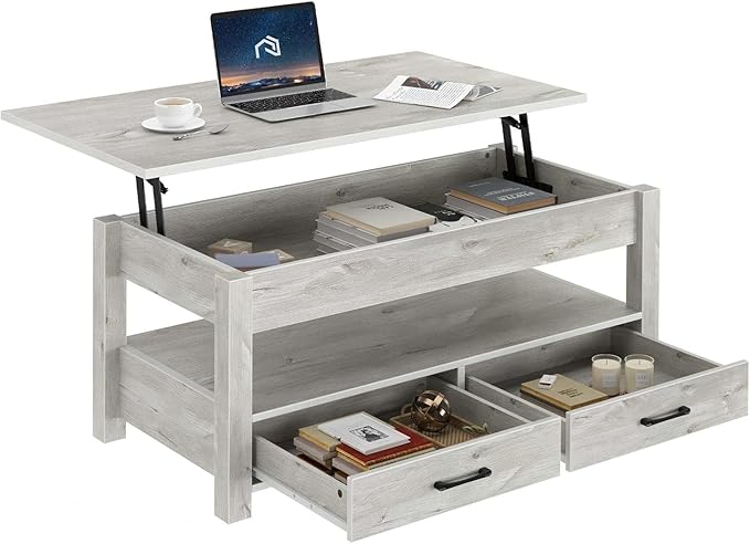 Rolanstar Coffee Table, Lift Top Coffee Table with Drawers and Hidden Compartment, Living Room Table with Wooden Lift Tabletop, for Living Room, Grey