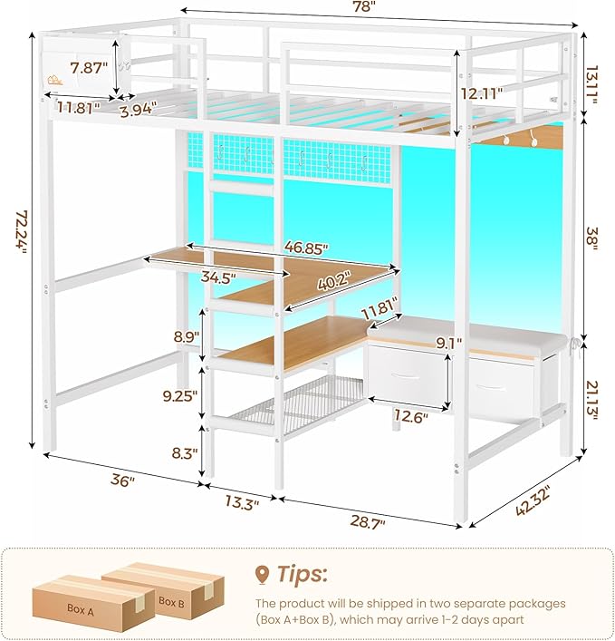 DICTAC Twin Loft Bed with L-Shaped Desk, Storage Shelves and Charging Station Twin Size Metal Loft Bed with LED Lights and Coat Rack with 2 Storage Drawers,Top Bunk with Safety Guard & Stair, White