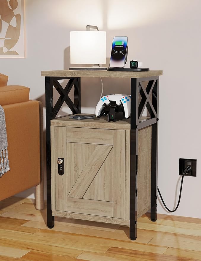 runjuly Wooden Nightstand with Lock, Bed Side Table with Drawers, Bedside Table with Charging Station, 3 USB & 2 Outlets, Night Stand with Cabinet, End Tables for Bedroom, Greige
