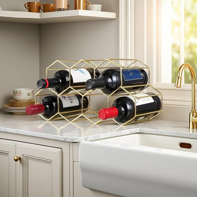 Buruis 9-Bottle Countertop Wine Rack, Honeycomb Metal Wine Holder for Red & White Wines, Standing Bottle Organizer for Home, Kitchen, or Bar, Gold