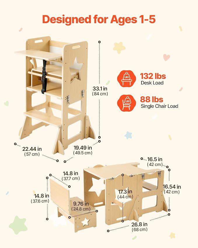 VEVOR 6-in-1 Toddler Kitchen Step Stool, Foldable Standing Tower with Blackboard & Whiteboard, Wooden High Chair for Toddlers, Kitchen Stool Helper with Detachable Stool, Montessori Table and Chair