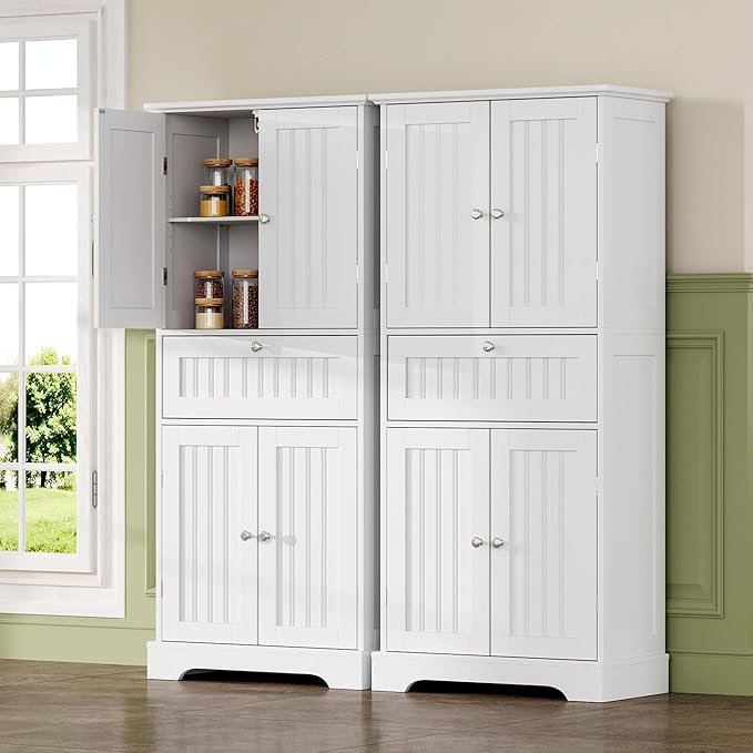 ChooChoo 72" H Tall Bathroom Floor Cabinet, Modern Bathroom Storage Cabinet with Drawer and Adjustable Shelves, Freestanding Kitchen Pantry Cupboard with 4 Doors for Living Room, White