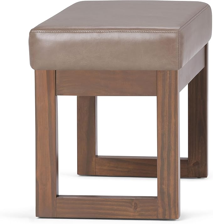 SIMPLIHOME Milltown Small Ottoman Bench - 27" Wide x 18" High Upholstered Vegan Leather Rectangle Footstool Ottoman in Ash Blonde, Contemporary Bench for Living Room with Cushioned Seat, Assembled