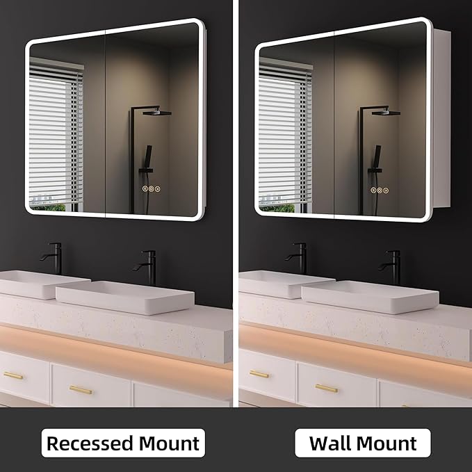 Medicine Cabinet with LED Lights and Mirror, 36 x 32 Inch Surface or Recessed Mounted Bathroom Cabinets with Door, Defogger, Memory Function, 3-Color Mode, Outlet&USB, Dimmer, Storage