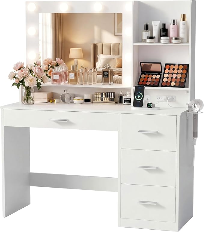 YESHOMY 39" Vanity Desk with Mirror & Lights, Makeup Vanity Table with Power Outlet & Storage Drawers, 3 Color LED Lighting, Dressing Table for Bedroom,Snow White