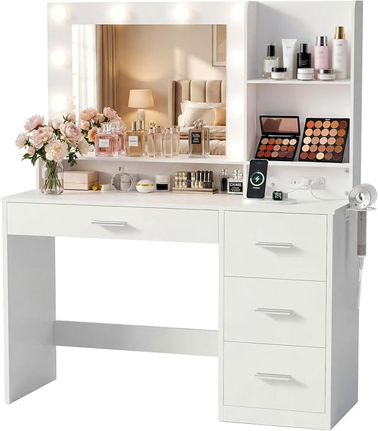 YESHOMY 39" Vanity Desk with Mirror & Lights, Makeup Vanity Table with Power Outlet & Storage Drawers, 3 Color LED Lighting, Dressing Table for Bedroom,Snow White
