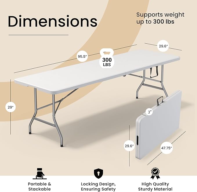 Our Modern Space 8 Feet Foldable Table with Built in Handle & Steel Legs | Heavy Duty Portable | Perfect for Party, Dining, Wedding, Events, Picnic Indoor, Outdoor, Camping, Utility, Temporary