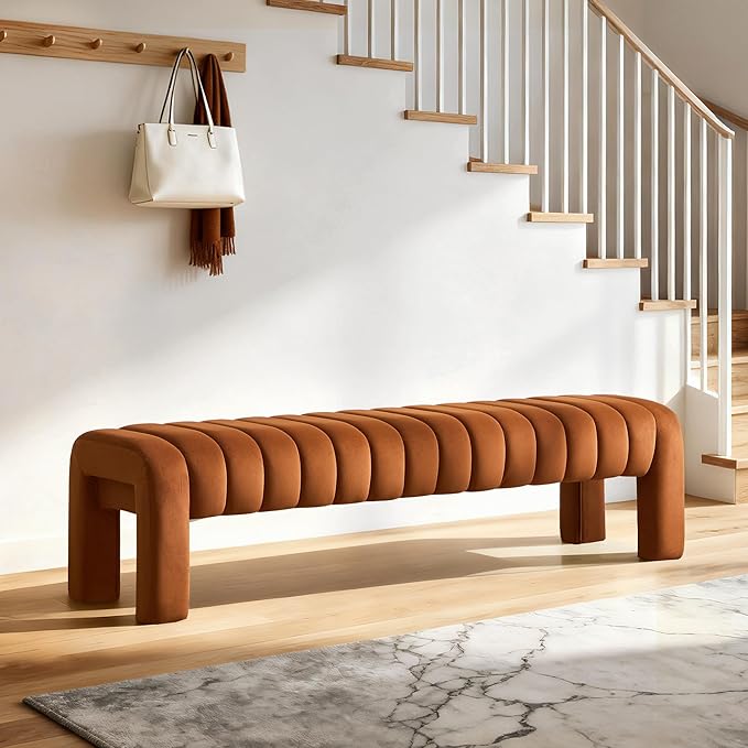 63’’ Bedroom Bench, Upholstered End of Bed Bench with Solid Wood Legs, Modern Long Dining Bench with Full Covered Fabrics for Entryway, Bedroom, Living Room (Brown, Velvet)