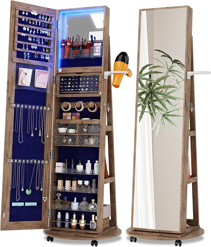 Full Length Mirror With Jewelry Storage, 360 Swivel Jewelry Armoire Organizer With Lights, Lockable Cabinet Standing, Christmas Gifts, Walnut
