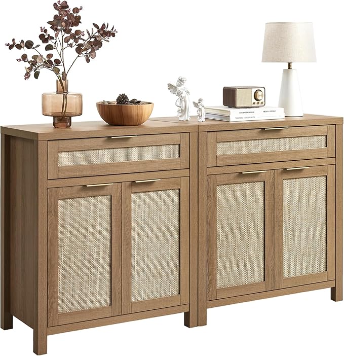HOKYHOKY Rattan Sideboard Buffet Cabinet Set of 2, Boho Storage Cabinet with Adjustable Shelves, Farmhouse Credenza Coffee Bar Table with Doors & Drawer for Living Room, Hallway & Kitchen
