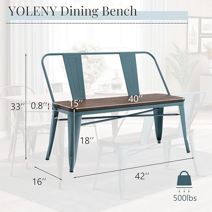 YOLENY Dining Bench, Entryway Bench with Back, Farmhouse Metal Dining Bench, Industrial Mid-Century 3 Person Rustic Spindle Bench, with Wood Seat, Removable Backrest, 42in, Blue