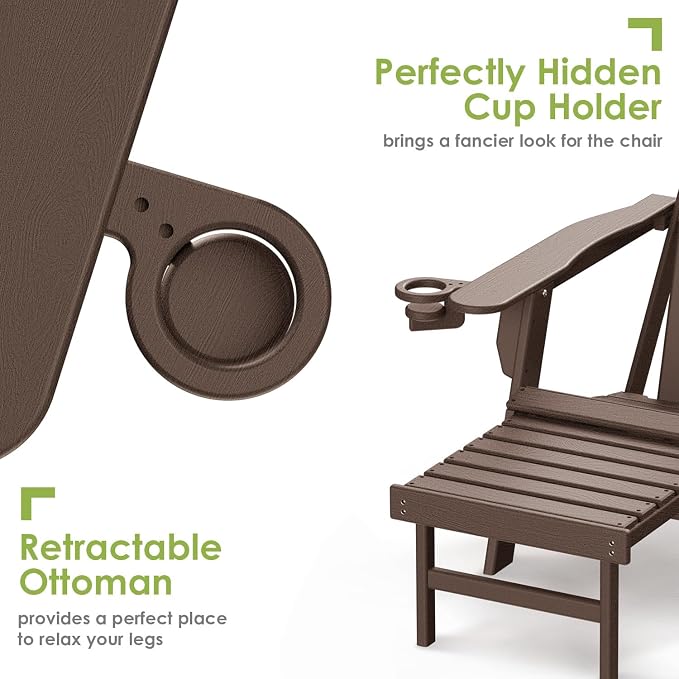 GREENVINES Adirondack-Chairs-with-Ottoman | Set of 2 | Wood Grain | Dark Brown | Folding | Retractable-Footrest | HDPE Plastic | All Weather Fire Pit Chair | Cup Holders | for Outdoor Poolside