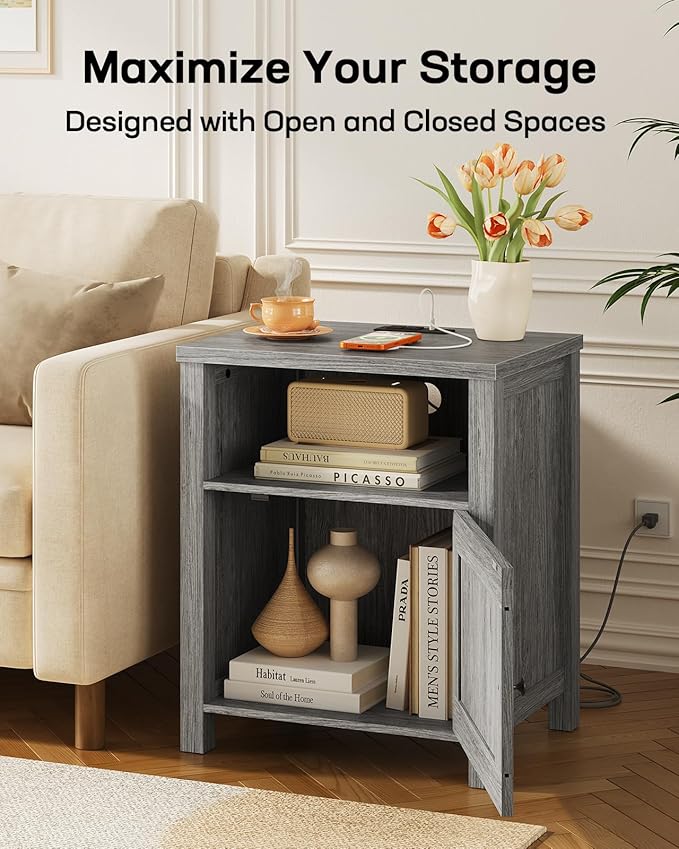 Marsail Farmhouse Nightstand Set of 2, Wood Bedside Table with Charging Station, Night Stand with Shelf and Doors, End Table with Storage Side Table for Bedroom, Dark Grey