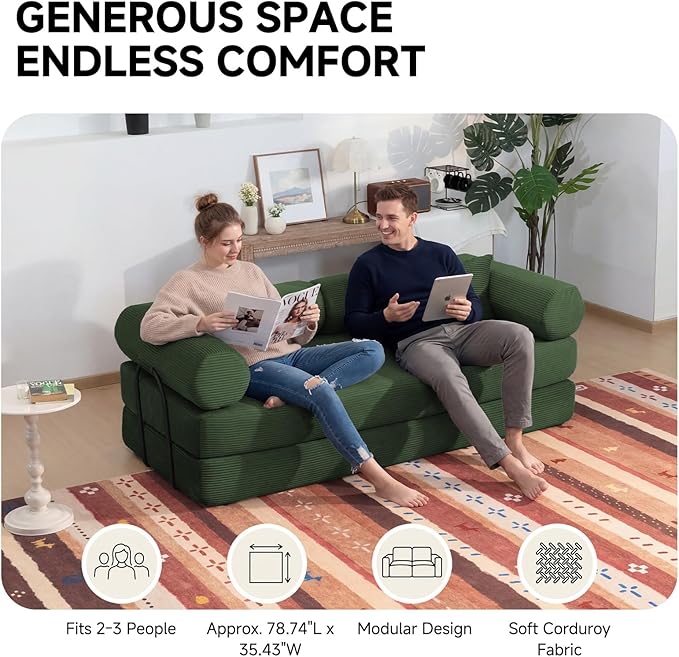 79" Boneless Couches for Living Room, Corduroy Sofa Bed with 2 Pillows,Side Pockets,Hex Arm, 5-in-1 Loveseat Sleeper Sofa for Small Spaces, High-Density Foam Couch, No Assembly, Olive Green