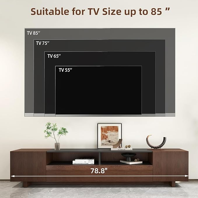 Epecoya 78.8 Inch TV Stand with Storage Cabinets for Living Room, TVs Media Console Entertainment Center with Drawers, Wood Fluted Television Stands with Open Shelves for Bedroom, Dark Brown Walnut