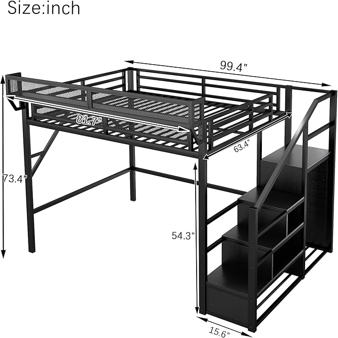 KEIKI Queen Size Metal Loft Bed Frame with Convertible Staircase, Built-in Storage Shelves and Wardrobe, Loft Bed with Solid Slats, Guardrail, No Box Spring Required, Easy Assembly, for Bedroom, Black