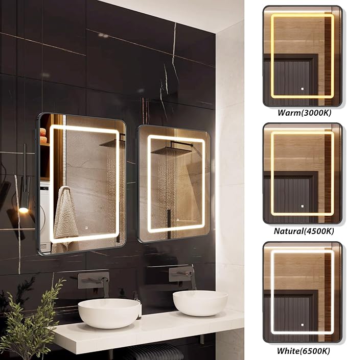 APRILSOUL 16x24 Inch Lighted Bathroom Medicine Cabinet with Mirror, Black Recessed or Surface Mount Medicine Cabinet Mirror with Storage and LED Lights, 3 Colors Temperature, Dimmable Light