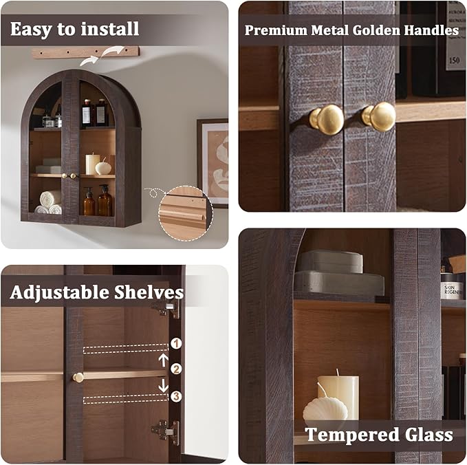 Bathroom Arched Wall Cabinet,23.5'' Wide Medicine Cabinet, Bathroom Cabinet Wall Mount W/Glass Doors & Adjustable Shelves, Over The Toilet Storage Cabinet for Laundry Room, Bedroom,Kitchen, Brown