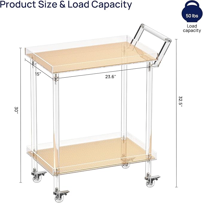 HMYHUM Acrylic Bar Cart, Rattan Home Bar Trolley with Wheels, 2-Tier Rolling Serving Cart for Kitchen, Dining Room, Outdoor, 23.6" L x 15" W x 32.5" H, Modern, Easy Assembly