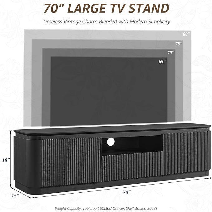 70" Fluted TV Stand for TVs Up to 80", Mid Century Modern Entertainment Center with Drawer, Storage Cabinet, Open Shelf, Wood Low Profile Media TV Console for Livingroom, Black