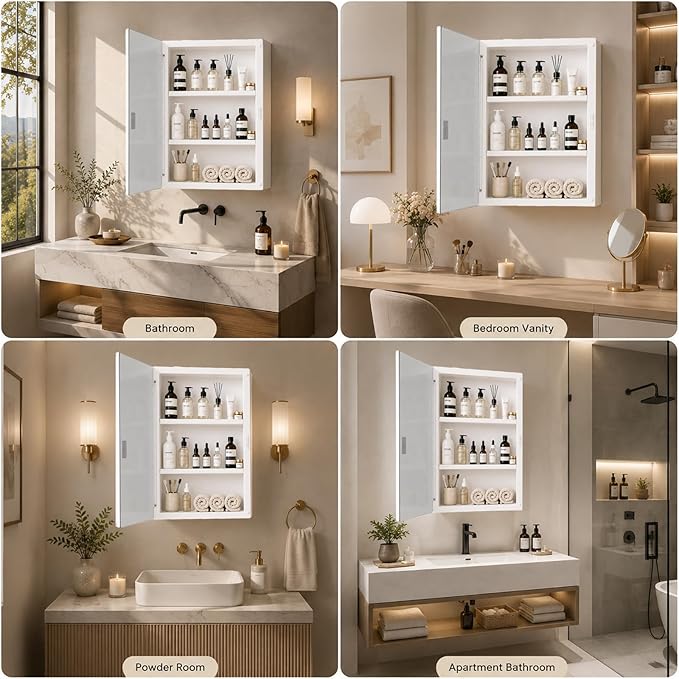 Plastic Bathroom Medicine Cabinet Mirror 16x20 inch, Recessed Medicine Cabinet or Surface Wall Mount Bathroom Cabinets with Adjustable Shelves, Beveled Edge Mirror Cabinet