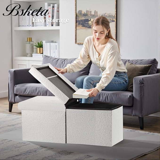 Bsketa Storage Ottoman Bench with Folding Lid Ⅲ, Foot Stools Opens on Both Ends, Footrest Foldable Teddy Velvet Chest for Living Room, Bedroom, Entryway, End of Bed Storage Blanket Ottomans White