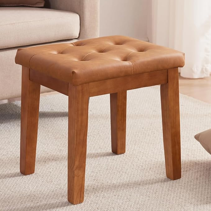 Upholstered Ottoman Stool with Padded Seat, Tufted Vanity Stool with Solid Wood Legs, Accent Stools, Faux Leather Cognac Brown