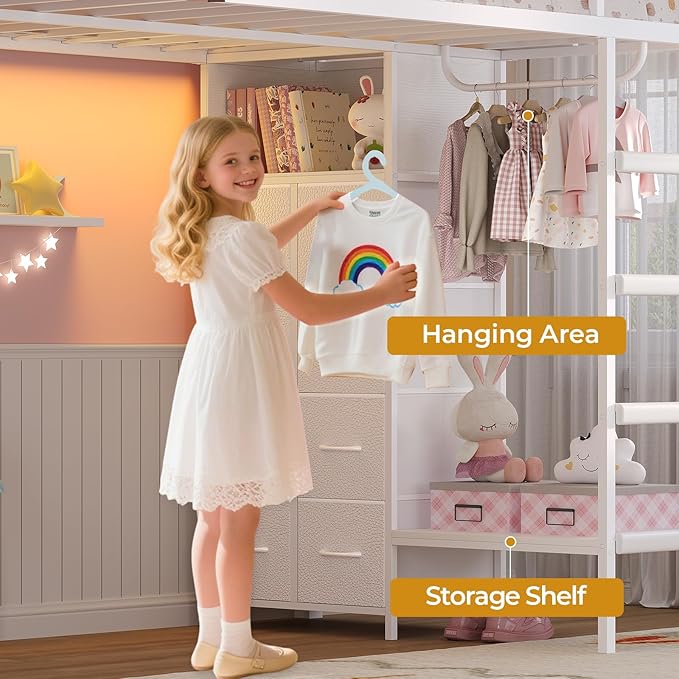 ADORNEVE Bunk Bed Twin Over Twin Size with 8 Storage Drawers, Twin Bunk Beds with Led Lights & Storage Shelves, Metal Loft Bed with 13.4" H Safety Guardrail & Ladder, for Kids & Teens, White