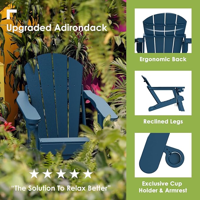 GREENVINES Adirondack-Chairs-with-Ottoman | Set of 4 | Folding | Retractable-Footrest | HDPE Plastic | All Weather Fire Pit Chair | Cup Holders | Blue | for Outdoor Poolside