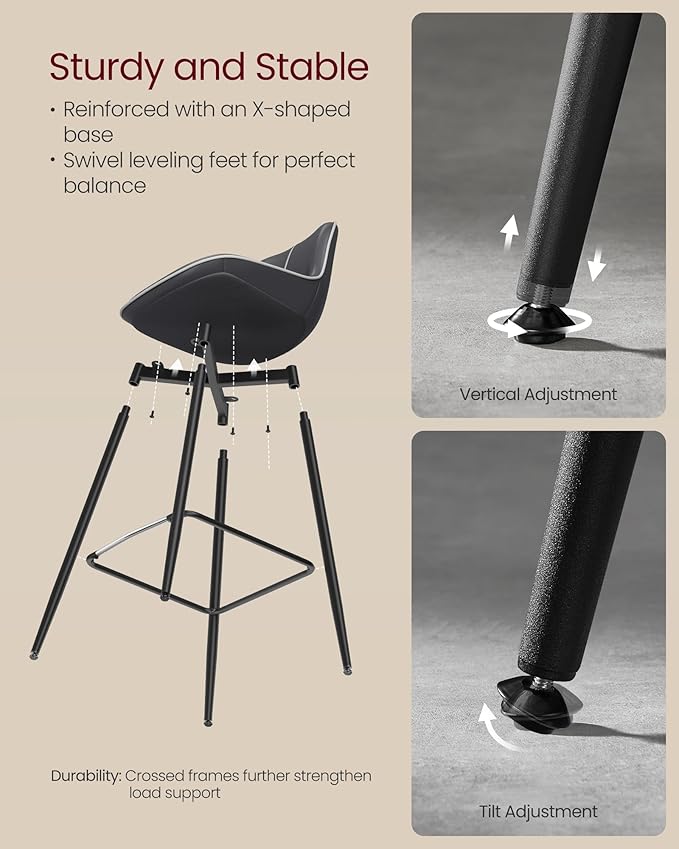 VASAGLE Bar Stools Set of 4, Bar Height Bar Stools with Back, Ergonomic Backrest, Synthetic Leather, Metal Legs, 28.5-Inch Tall Barstools for Kitchen Island Home Bar, Easy Assembly, Ink Black