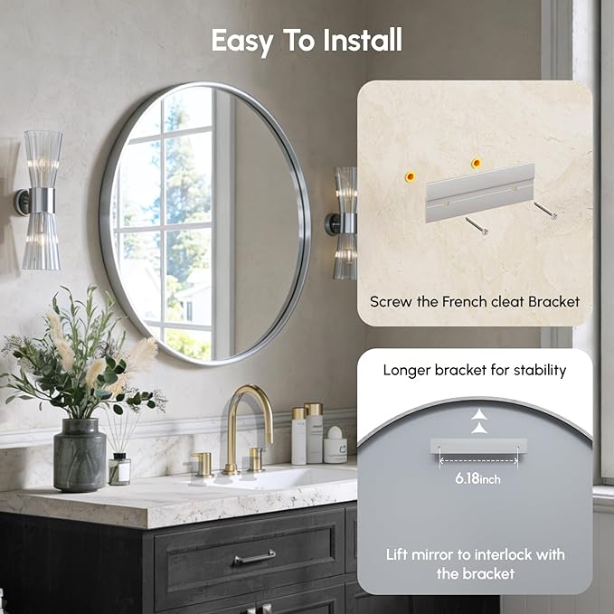 USHOWER Brushed Nickel Bathroom Mirrors for Over Sink, 30 Inch Circle Mirror with Metal Frame, Wall Mirror for Vanity, Entryway, Living Room, Hallway and Bedroom Decor