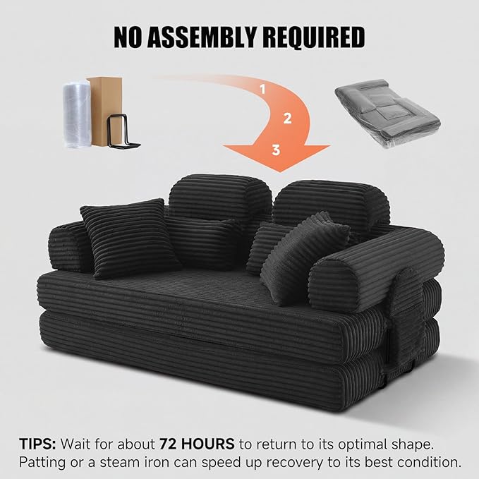 78.8" Convertible Sofa Bed with High Backrest Headrest, 5-in-1 Corduroy Boneless Couch with Side Pocket, Sleeper Loveseat Couch Bed Sectional Couches for Living Room, No Assembly, Black