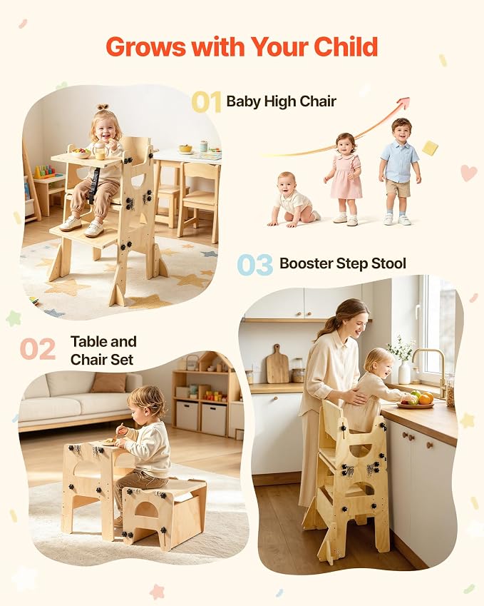 VEVOR 5-in-1 Toddler Kitchen Step Stool, Foldable Learning Standing Tower with Blackboard & Whiteboard, Wooden High Chair with Adjustable Back & Footrest, Kitchen Stool Helper with Detachable Stool