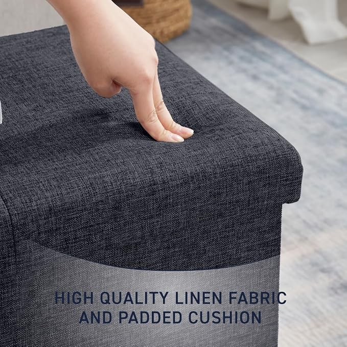 Ornavo Home Folding Storage Ottoman, 43 Inch Extra Large Storage Bench with Lid, Foot Rest Stool for Bedroom, Living Room, Entryway, Tufted Linen Upholstered - Black