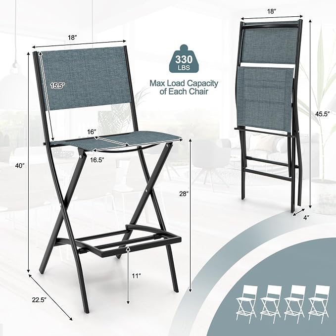 Giantex Folding Patio Bar Chairs Set of 4, Outdoor Counter Height Bar Stools with Footrest & Back, All-Weather Resistant, Metal Frame, for Porch Deck Lawn Garden, Light Blue