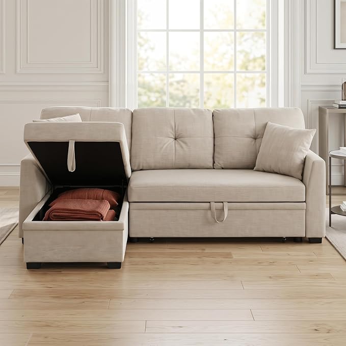 Convertible Sofa Bed, L Shape Sleeper Sofa with Reversible Storage Chaise, Tufted Fabric Sectional Sleeper Sofa with Pull Out Bed for Small Space, Living Room, Apartment, Almond
