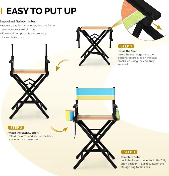 OmySalon 26" H Tall Directors Chair, Wooden Portable Folding Makeup Chair w/Storage Pouch & Footrest, Professional for Salon/Events/Mobile Services, 250lb Capacity, Colorful Canvas & Black Frame